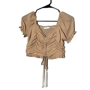 Women’s Tan Biege Short Puff Sleeves Frill Hem Rouched Tie Front Crop Top